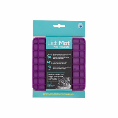 Purple LickiMat® Mini Classic Playdate™ – Slow Feeder Lick Mat for Small Dogs (label) on white background