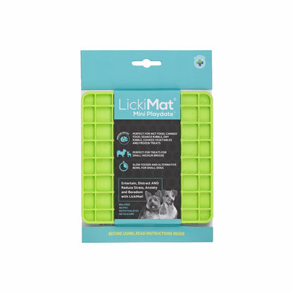Green LickiMat® Mini Classic Playdate™ – Slow Feeder Lick Mat for Small Dogs (label) on white background