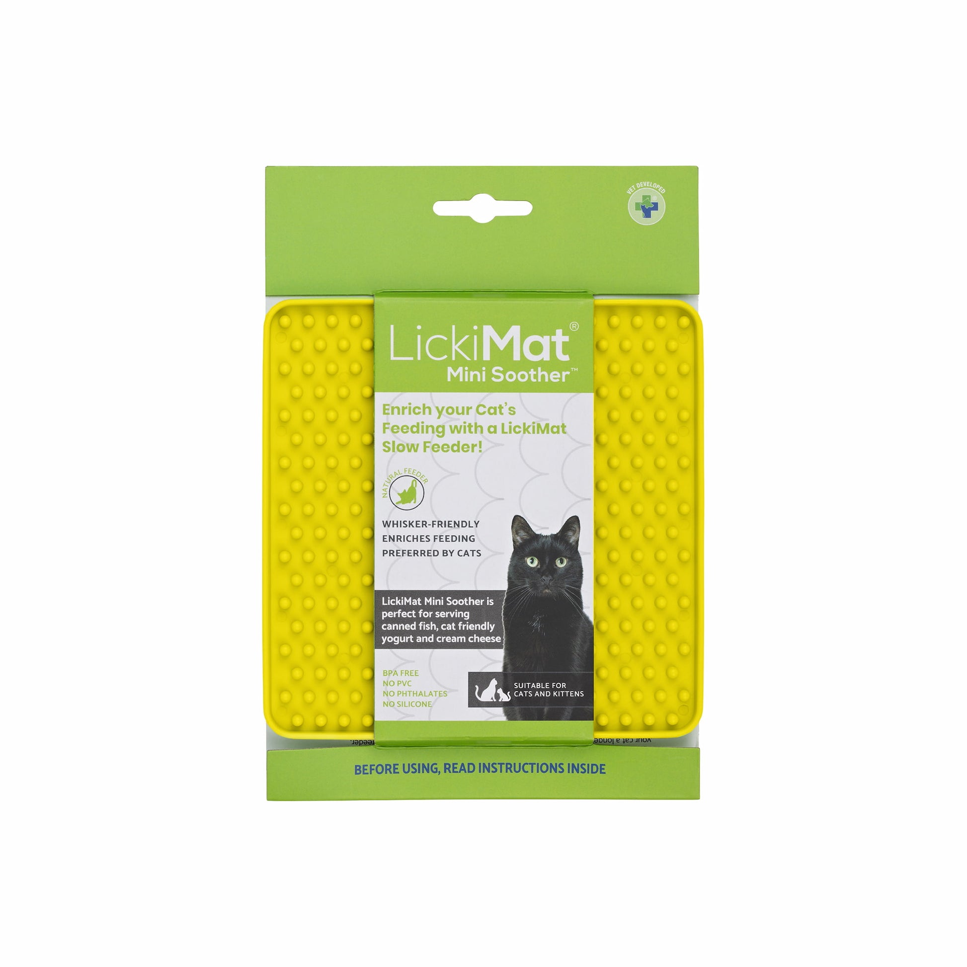 Yellow LickiMat® Mini Soother™ – Calming Slow Feeder Lick Mat for Cats (label) on white background