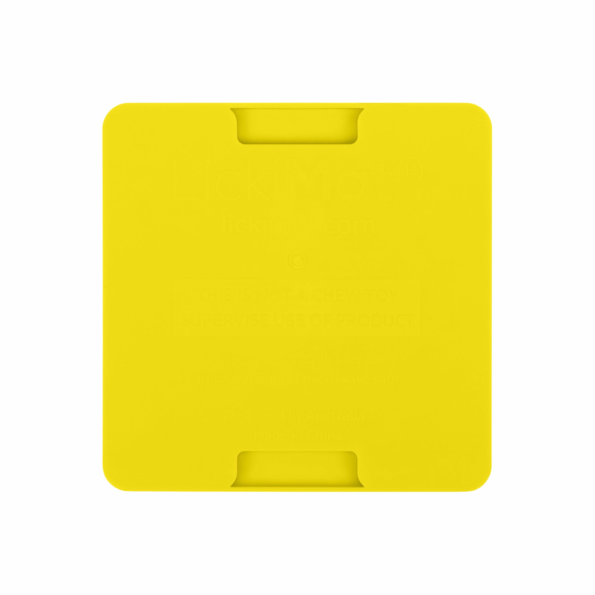 Yellow LickiMat® Mini Soother™ – Calming Slow Feeder Lick Mat for Cats (rear) on white background