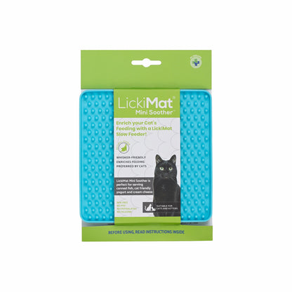 Turquoise  LickiMat® Mini Soother™ – Calming Slow Feeder Lick Mat for Cats (label) on white background