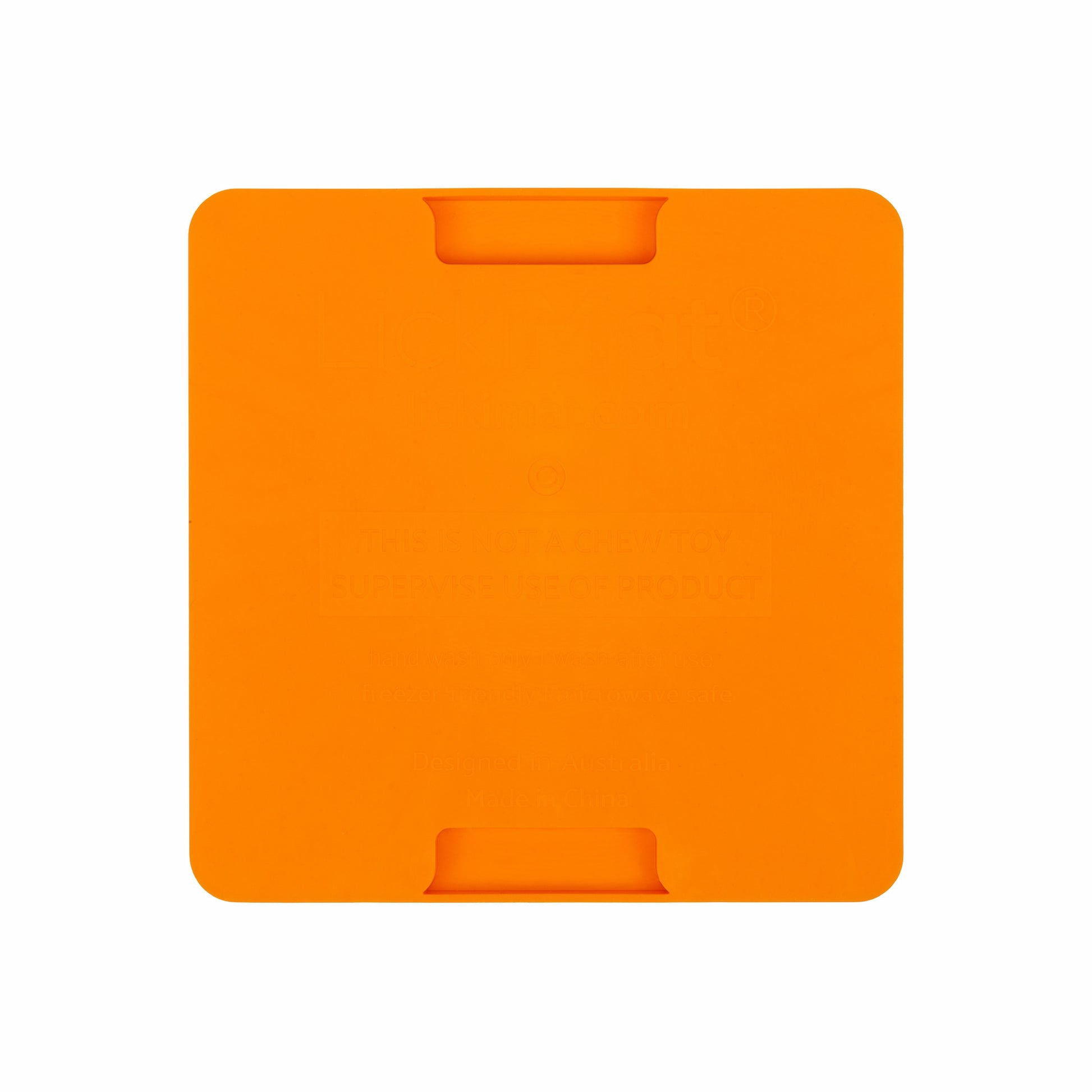 Orange LickiMat® Mini Soother™ – Calming Slow Feeder Lick Mat for Cats (rear) on white background