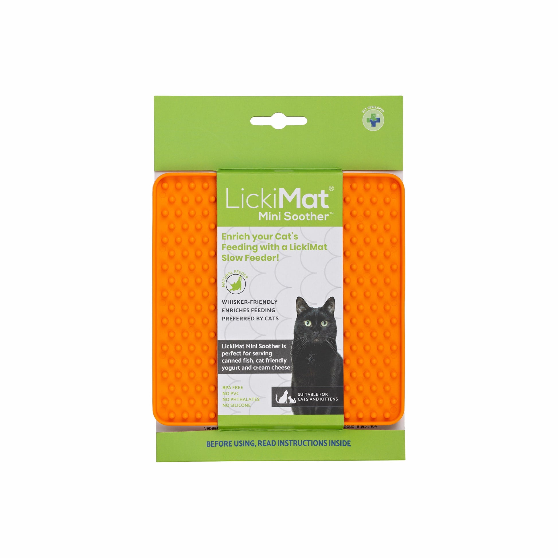 Orange LickiMat® Mini Soother™ – Calming Slow Feeder Lick Mat for Cats (label) on white background