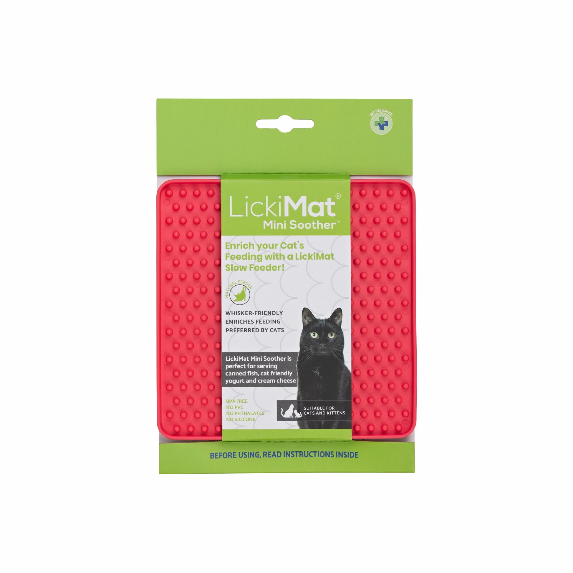 Pink LickiMat® Mini Soother™ – Calming Slow Feeder Lick Mat for Cats (label) on white background