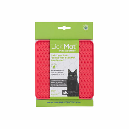 Pink LickiMat® Mini Soother™ – Calming Slow Feeder Lick Mat for Cats (label) on white background