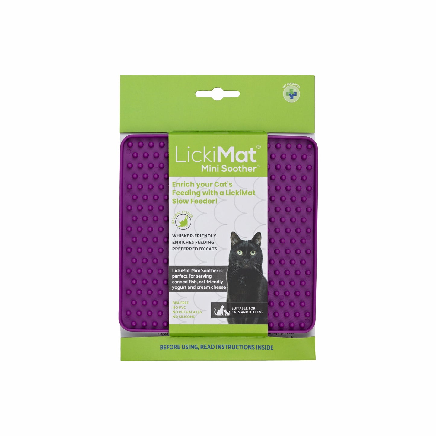 Purple LickiMat® Mini Soother™ – Calming Slow Feeder Lick Mat for Cats (label) on white background