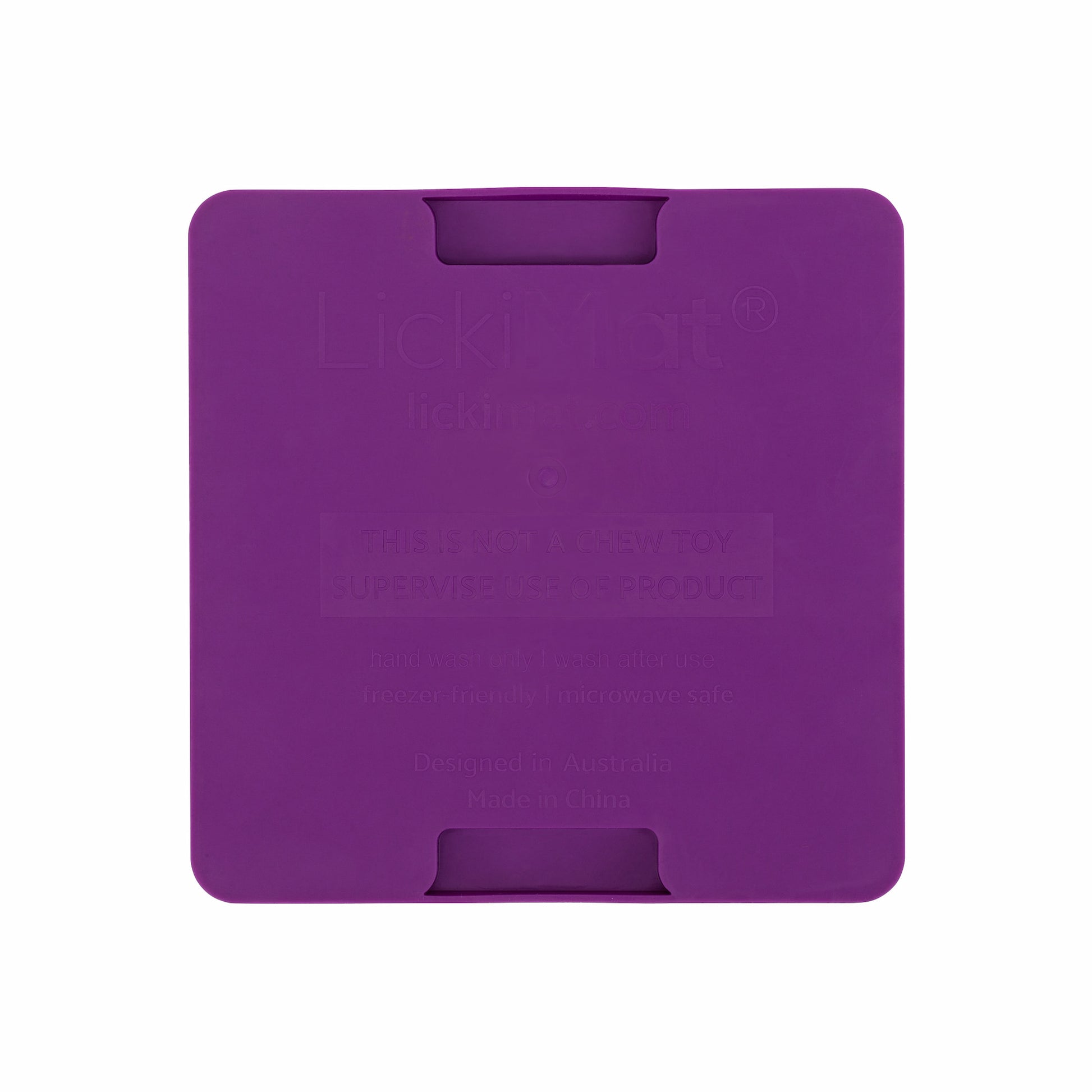 Purple LickiMat® Mini Soother™ – Calming Slow Feeder Lick Mat for Cats (rear) on white background