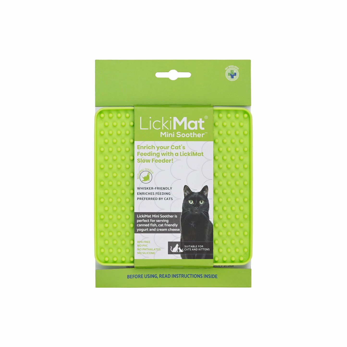 Green LickiMat® Mini Soother™ – Calming Slow Feeder Lick Mat for Cats (label) on white background