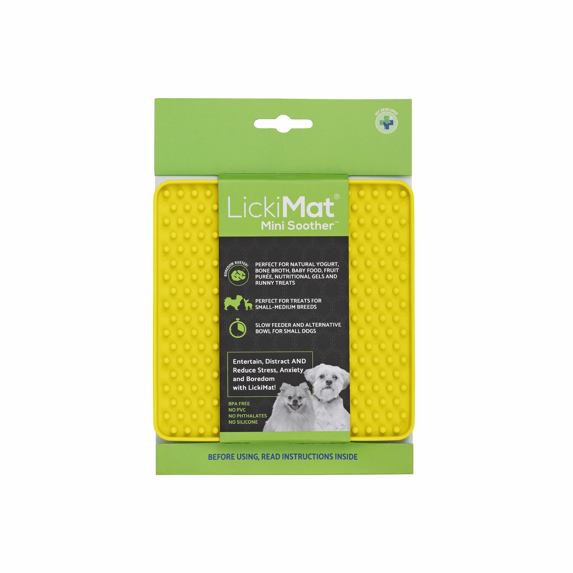 Yellow LickiMat® Mini Classic Soother™ – Slow Feeder Lick Mat for Small Dogs (label) on a white background