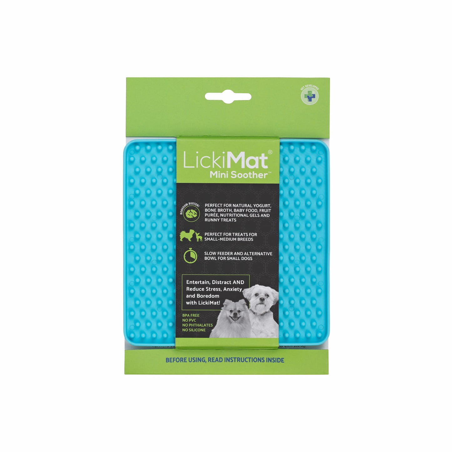 Turquoise LickiMat® Mini Classic Soother™ – Slow Feeder Lick Mat for Small Dogs (label) on a white background