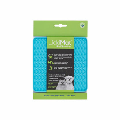 Turquoise LickiMat® Mini Classic Soother™ – Slow Feeder Lick Mat for Small Dogs (label) on a white background