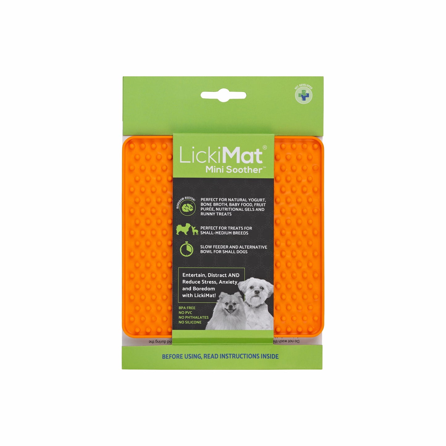 Orange LickiMat® Mini Classic Soother™ – Slow Feeder Lick Mat for Small Dogs (label) on a white background
