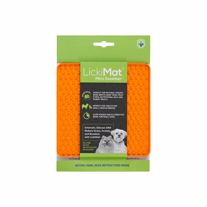 Orange LickiMat® Mini Classic Soother™ – Slow Feeder Lick Mat for Small Dogs (label) on a white background