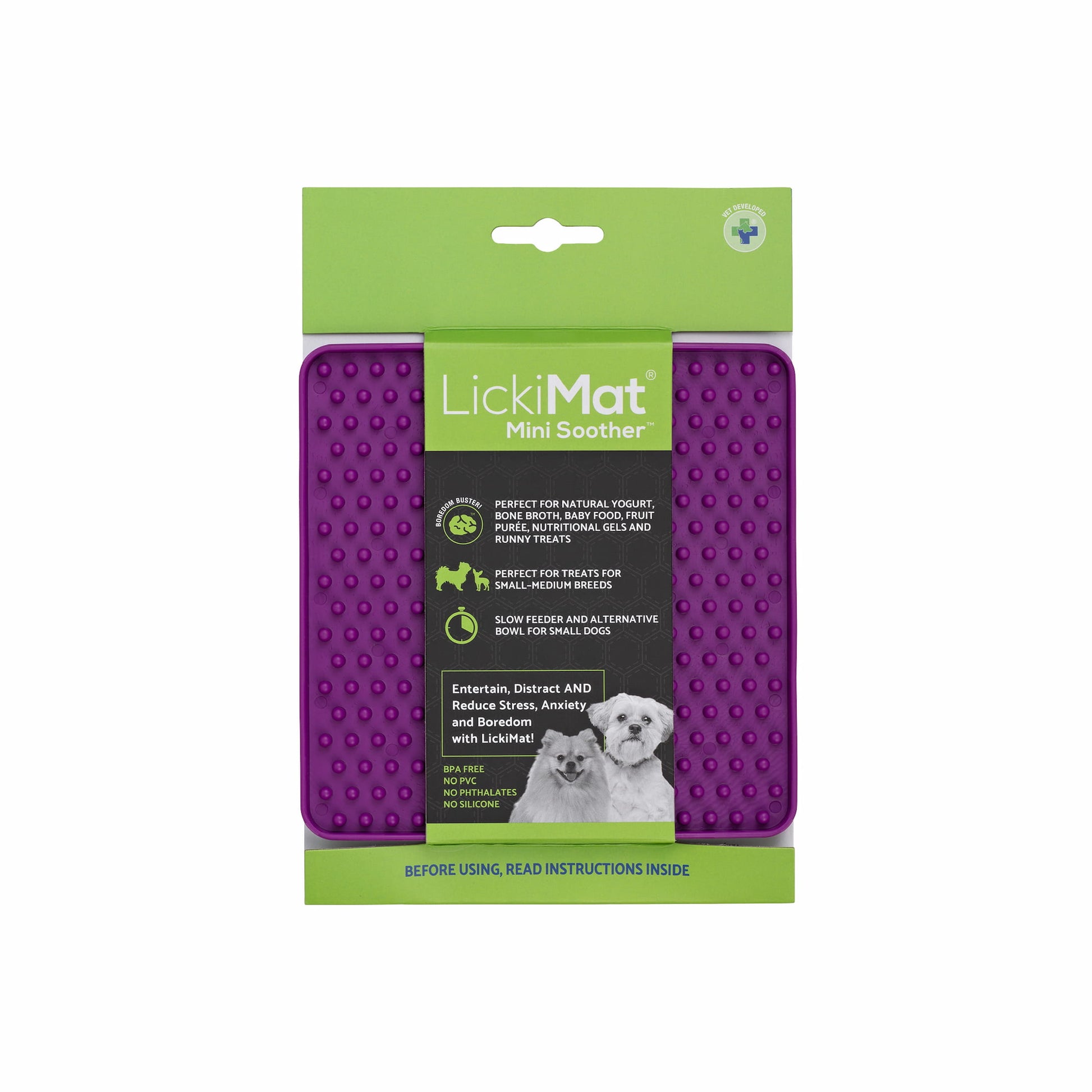 Purple LickiMat® Mini Classic Soother™ – Slow Feeder Lick Mat for Small Dogs (label) on a white background