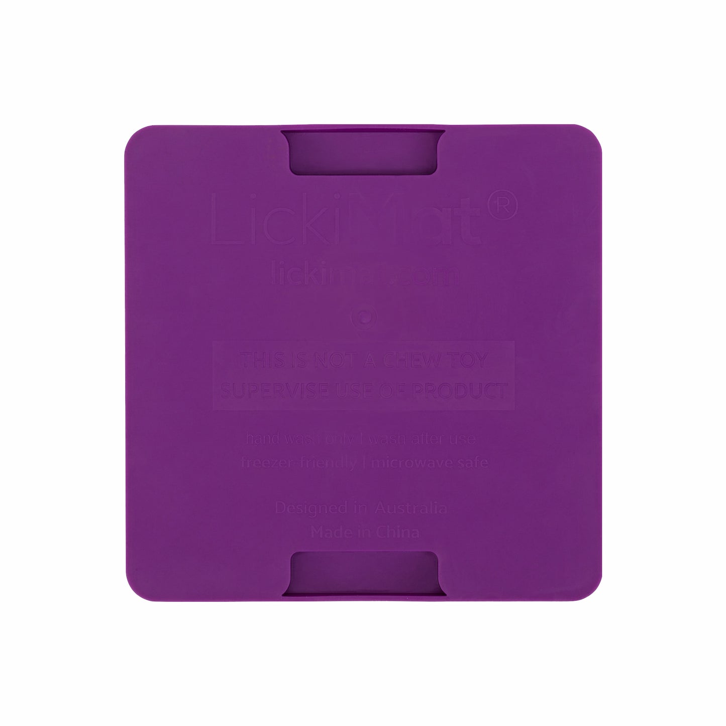 Purple LickiMat® Mini Classic Soother™ – Slow Feeder Lick Mat for Small Dogs (rear) on a white background