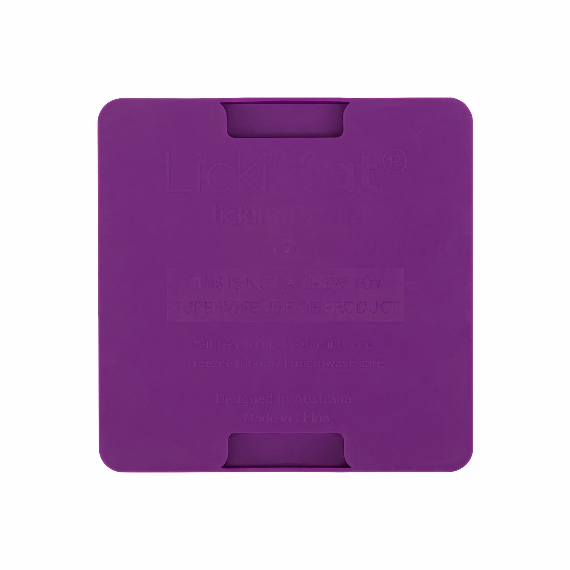 Purple LickiMat® Mini Classic Soother™ – Slow Feeder Lick Mat for Small Dogs (rear) on a white background