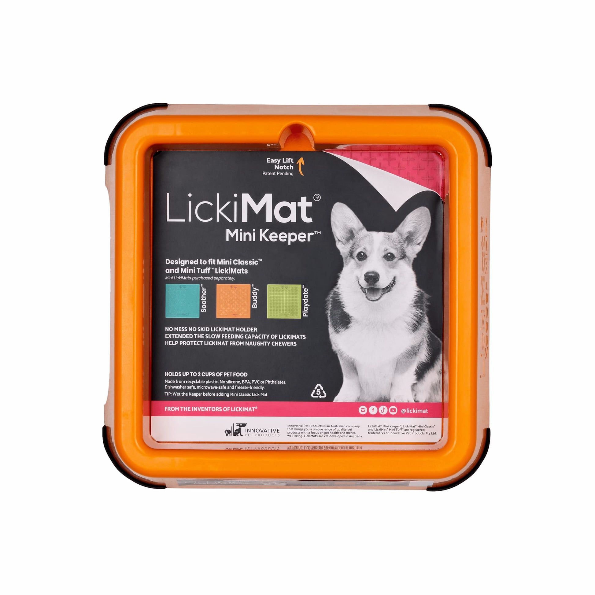 Orange LickiMat® Mini Keeper™ – Non-Slip Holder & dog bowl for LickiMats® (front-label) on white background