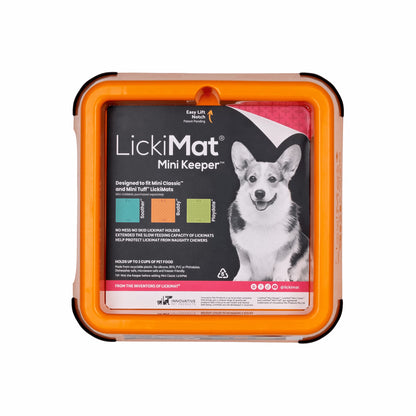 Orange LickiMat® Mini Keeper™ – Non-Slip Holder & dog bowl for LickiMats® (front-label) on white background