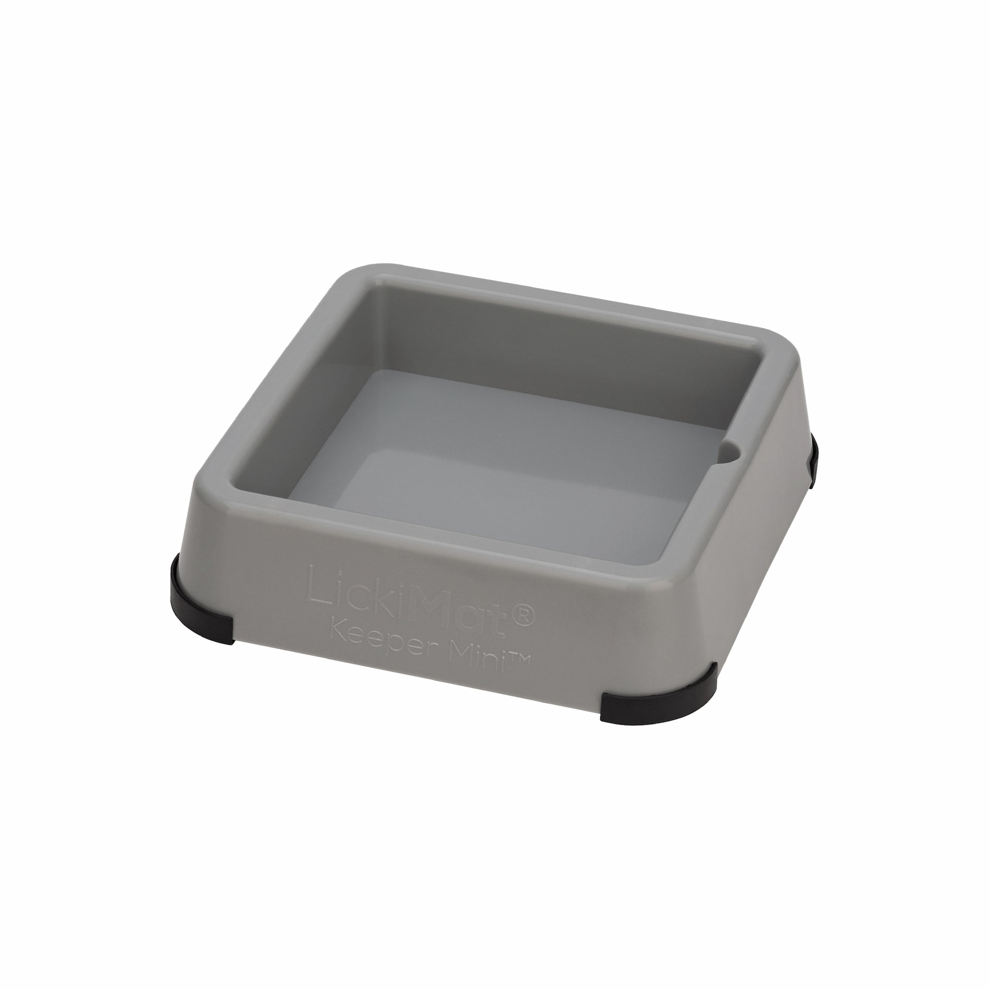 Grey LickiMat® Mini Keeper™ – Non-Slip Holder & dog bowl for LickiMats® (side) on white background