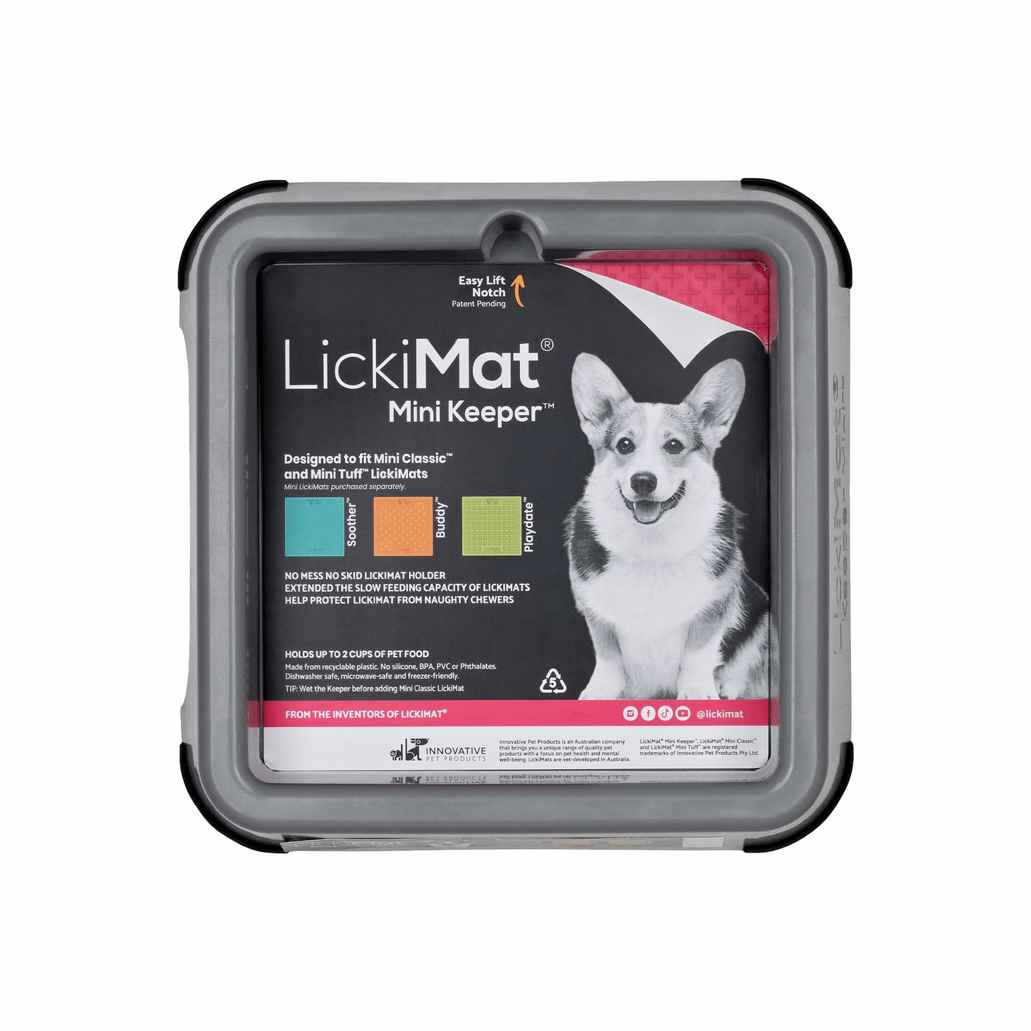 Grey LickiMat® Mini Keeper™ – Non-Slip Holder & dog bowl for LickiMats® (front-label) on white background