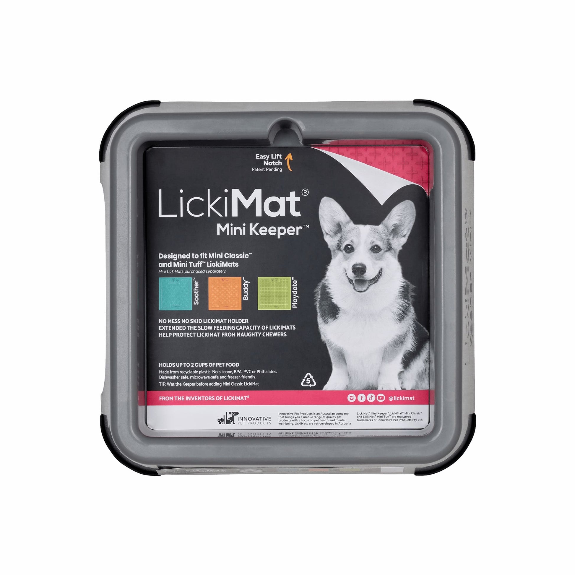 Grey LickiMat® Mini Keeper™ – Non-Slip Holder & dog bowl for LickiMats® (front-label) on white background