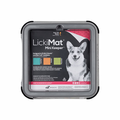 Grey LickiMat® Mini Keeper™ – Non-Slip Holder & dog bowl for LickiMats® (front-label) on white background