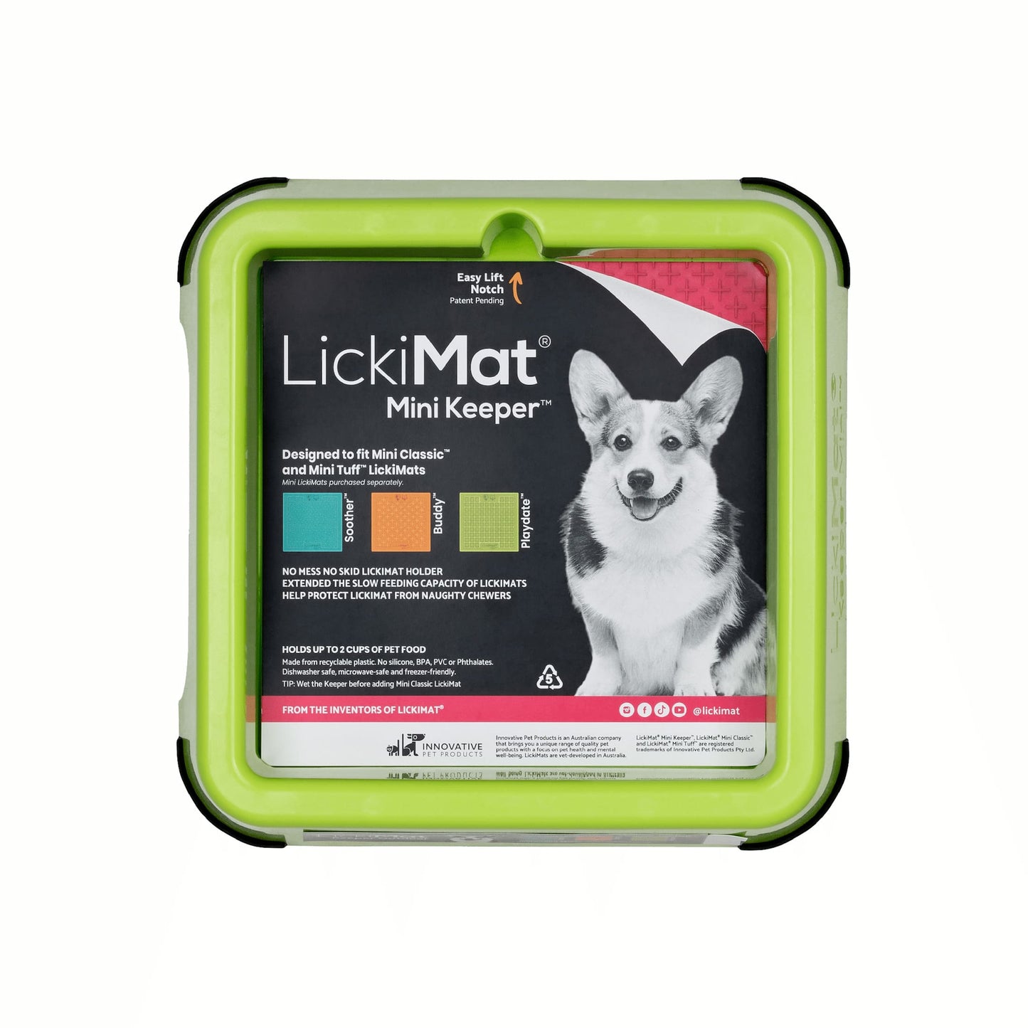 Green LickiMat® Mini Keeper™ – Non-Slip Holder & dog bowl for LickiMats® (front-label) on white background