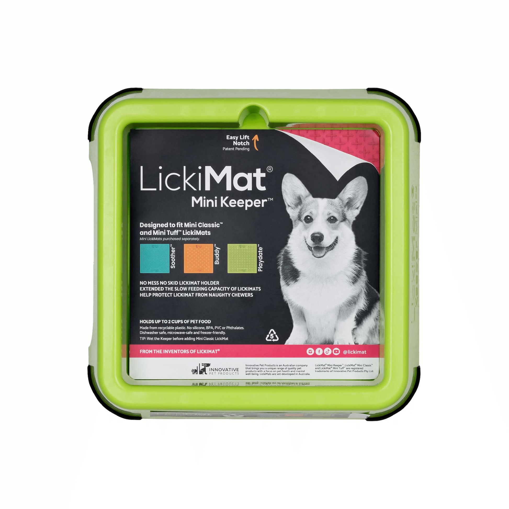 Green LickiMat® Mini Keeper™ – Non-Slip Holder & dog bowl for LickiMats® (front-label) on white background