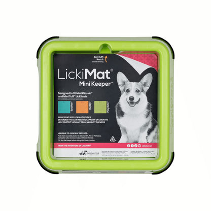Green LickiMat® Mini Keeper™ – Non-Slip Holder & dog bowl for LickiMats® (front-label) on white background