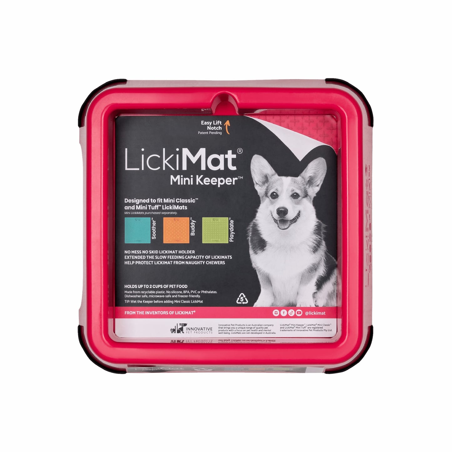 Pink LickiMat® Mini Keeper™ – Non-Slip Holder & dog bowl for LickiMats® (front-label) on white background