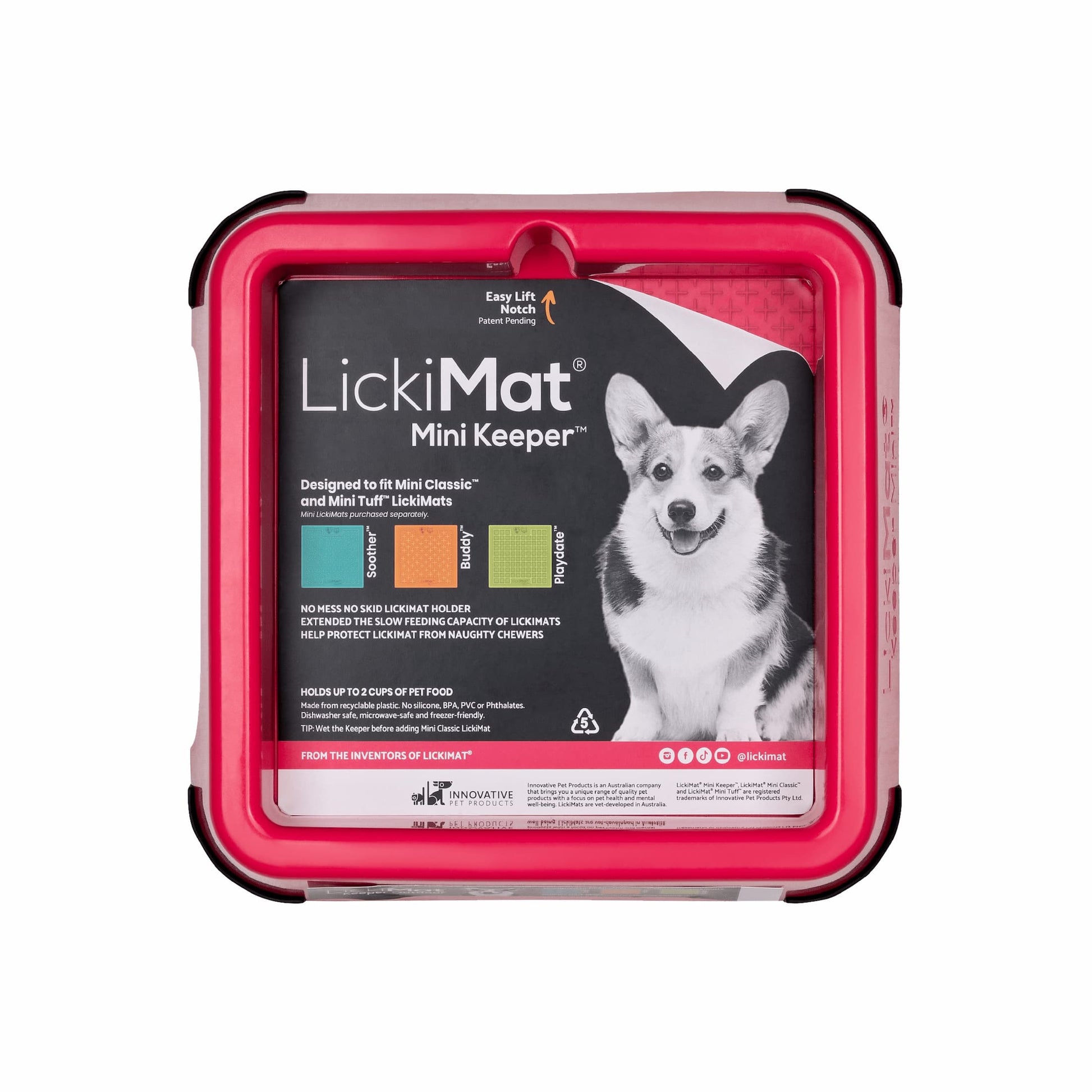 Pink LickiMat® Mini Keeper™ – Non-Slip Holder & dog bowl for LickiMats® (front-label) on white background