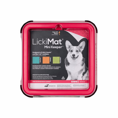 Pink LickiMat® Mini Keeper™ – Non-Slip Holder & dog bowl for LickiMats® (front-label) on white background