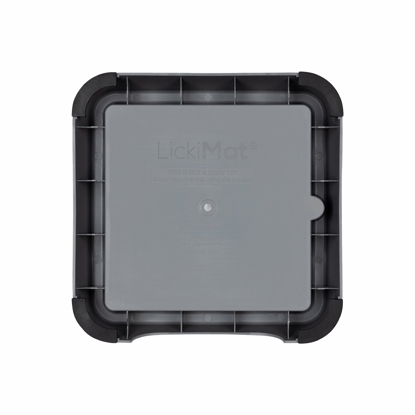Grey LickiMat® Mini Keeper™ – Non-Slip Holder & dog bowl for LickiMats® (rear) on white background