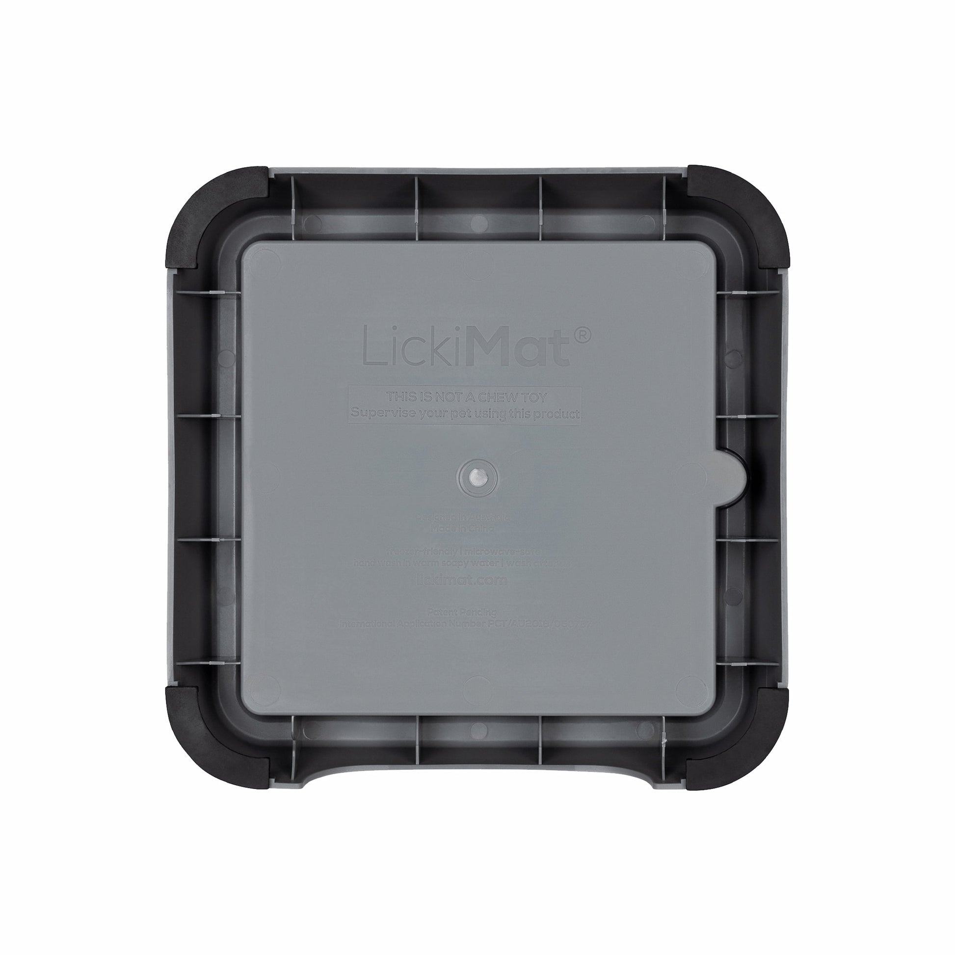 Grey LickiMat® Mini Keeper™ – Non-Slip Holder & dog bowl for LickiMats® (rear) on white background