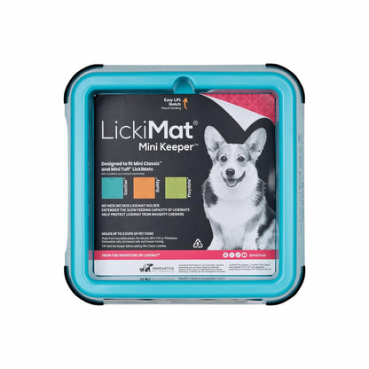 Turquoise LickiMat® Mini Keeper™ – Non-Slip Holder & dog bowl for LickiMats® (front-label) on white background