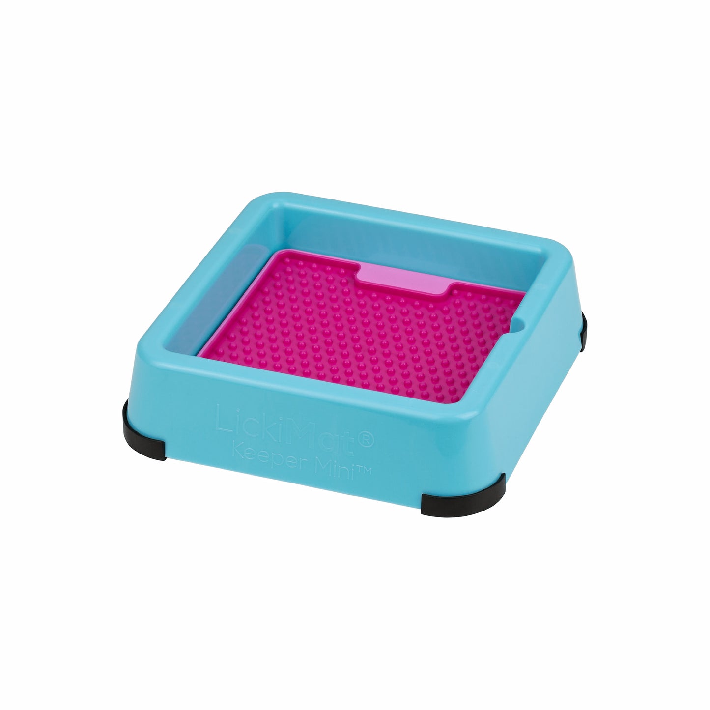 Turquoise LickiMat® Mini Keeper™ – Non-Slip Holder & dog bowl for LickiMats® (side) with pink soother on white background