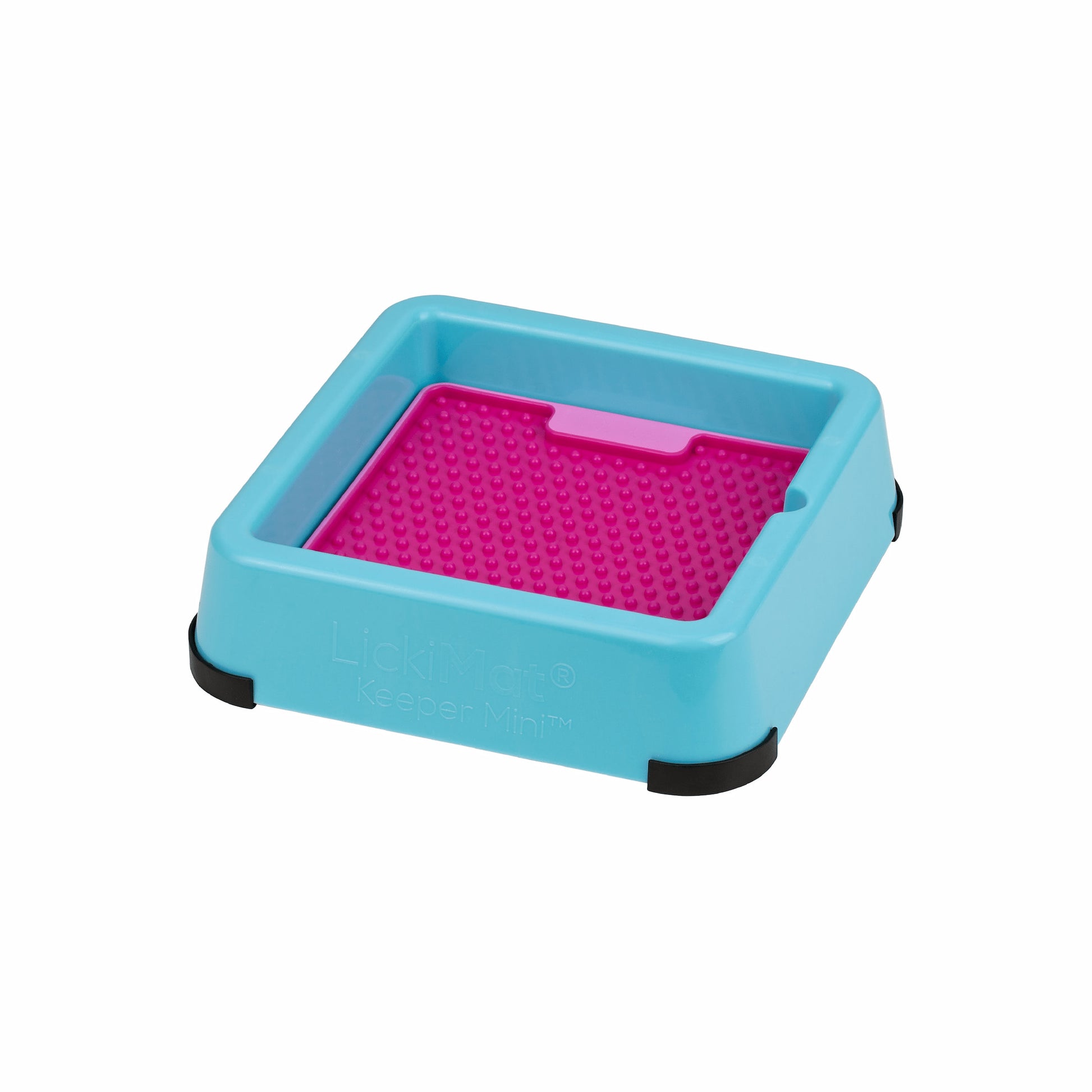 Turquoise LickiMat® Mini Keeper™ – Non-Slip Holder & dog bowl for LickiMats® (side) with pink soother on white background