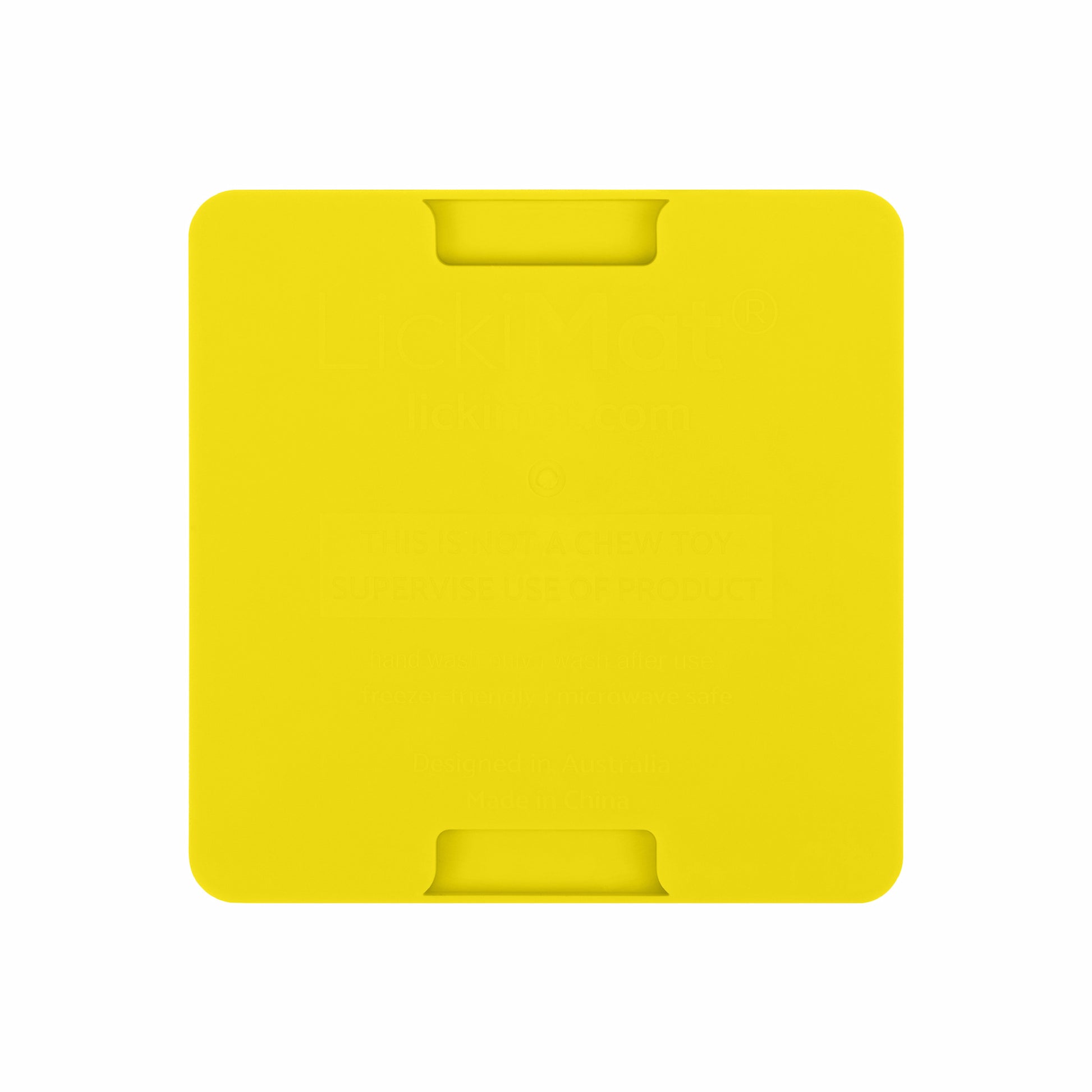 Yellow LickiMat® Mini Playdate™ – Slow Feeder Lick Mat for Cats (rear) on white background