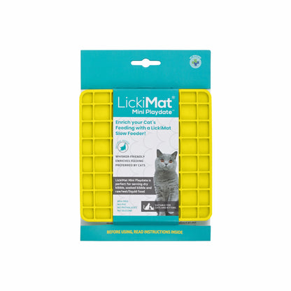 Yellow LickiMat® Mini Playdate™ – Slow Feeder Lick Mat for Cats (label) on white background