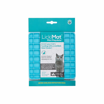 Turquoise LickiMat® Mini Playdate™ – Slow Feeder Lick Mat for Cats (label) on white background