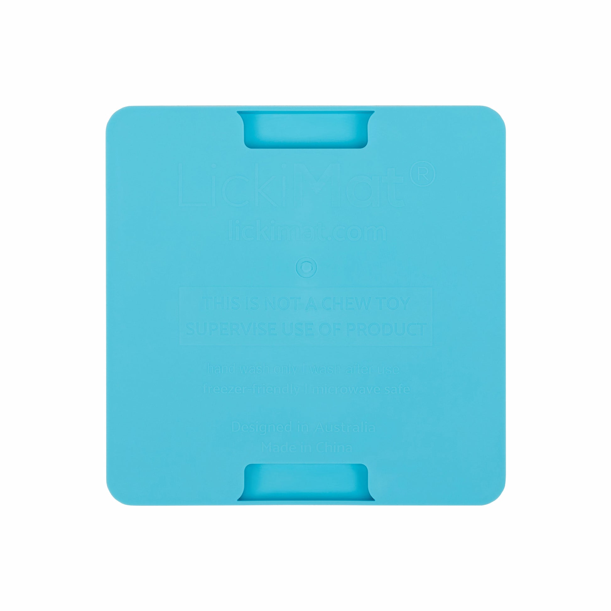 Turquoise LickiMat® Mini Playdate™ – Slow Feeder Lick Mat for Cats (rear) on white background