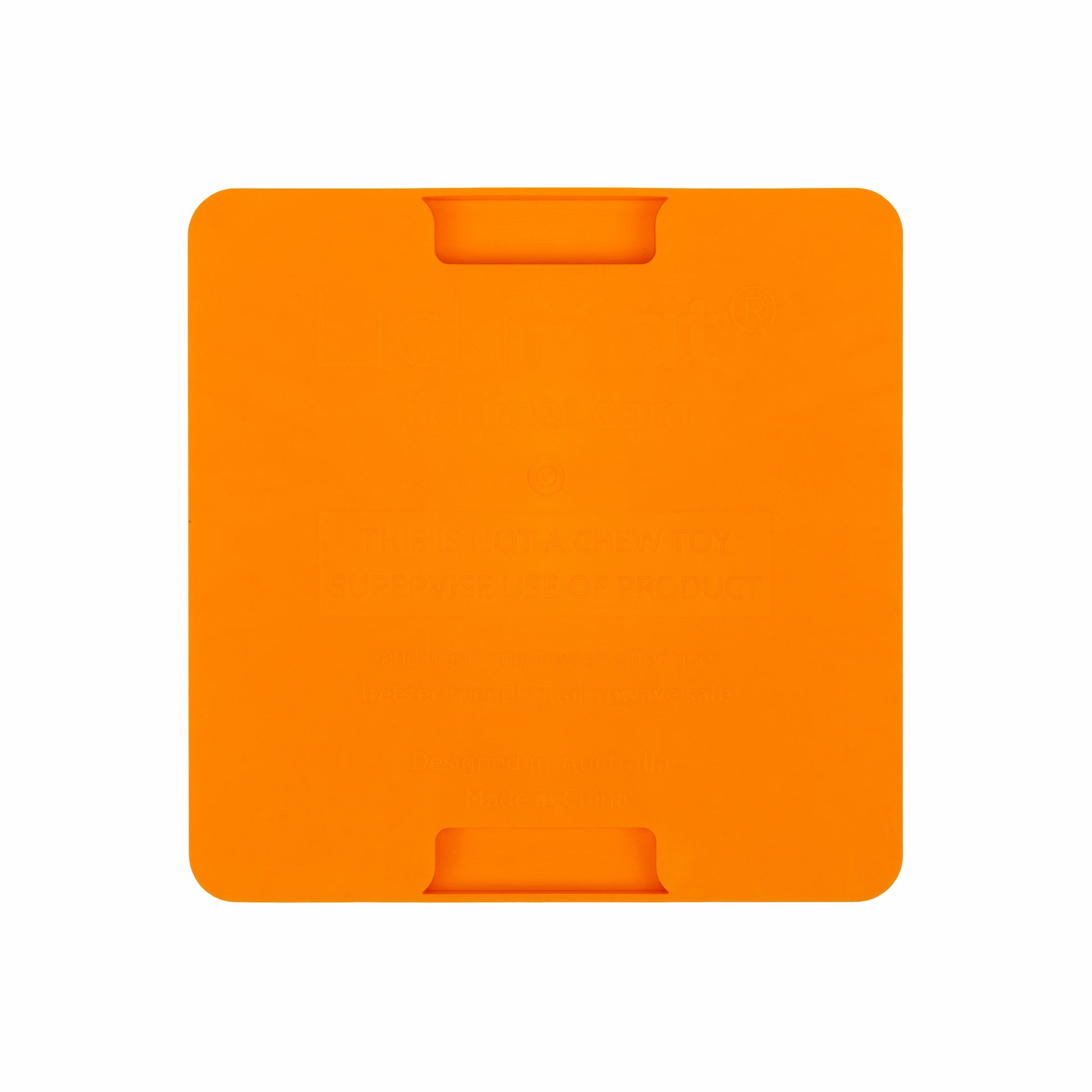 Orange LickiMat® Mini Playdate™ – Slow Feeder Lick Mat for Cats (rear) on white background