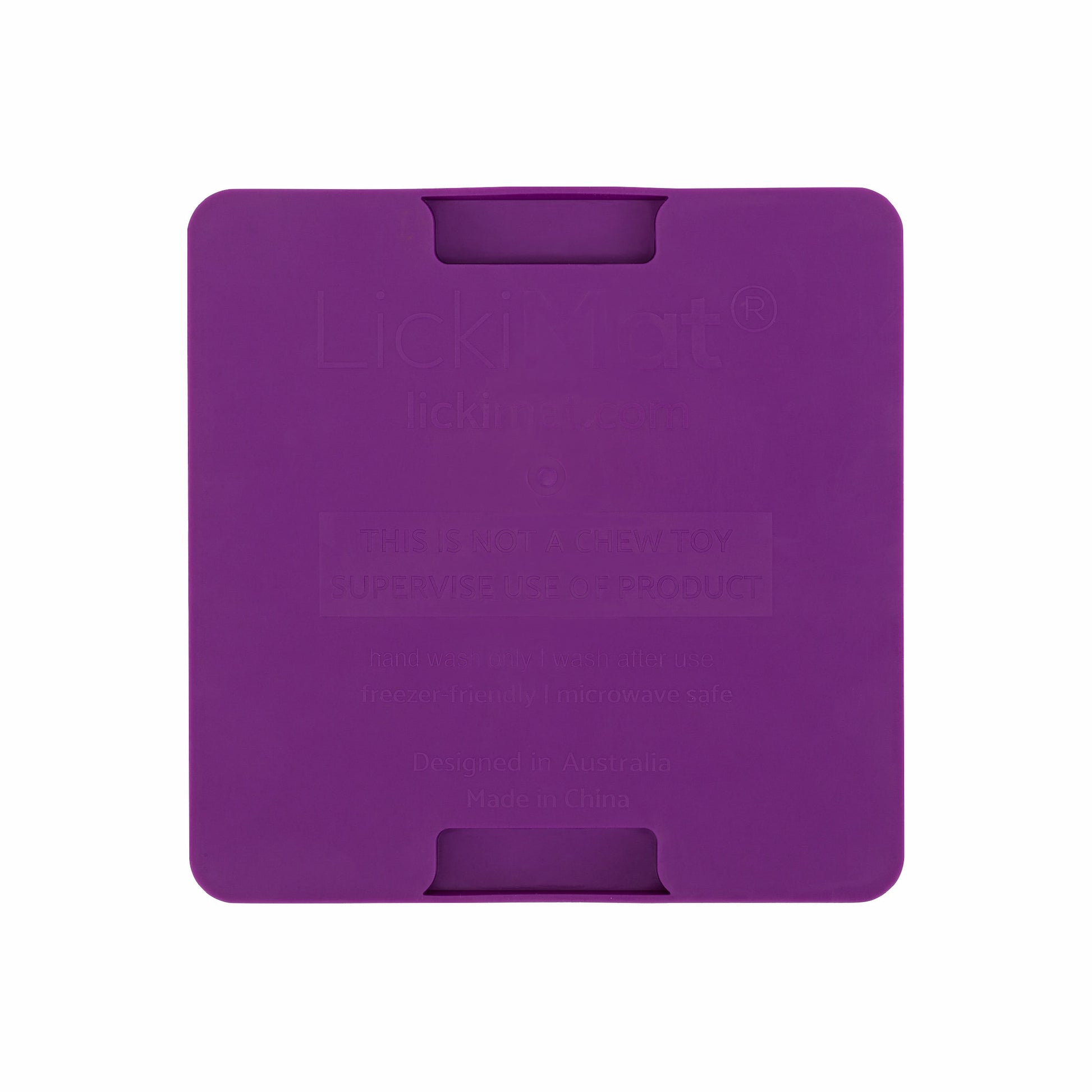 Purple LickiMat® Mini Playdate™ – Slow Feeder Lick Mat for Cats (Rear) on white background