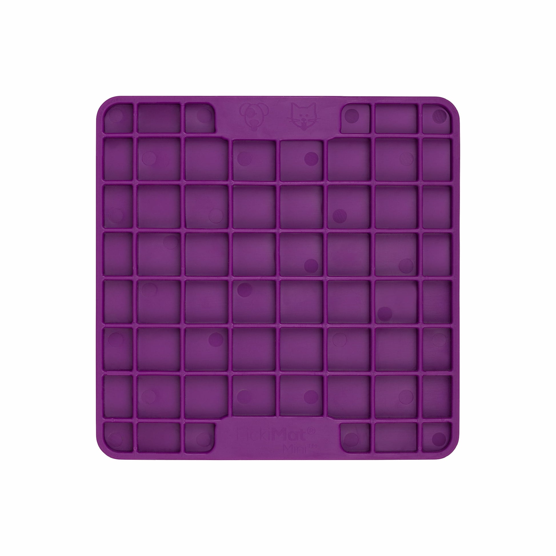 Purple LickiMat® Mini Playdate™ – Slow Feeder Lick Mat for Cats (front) on white background