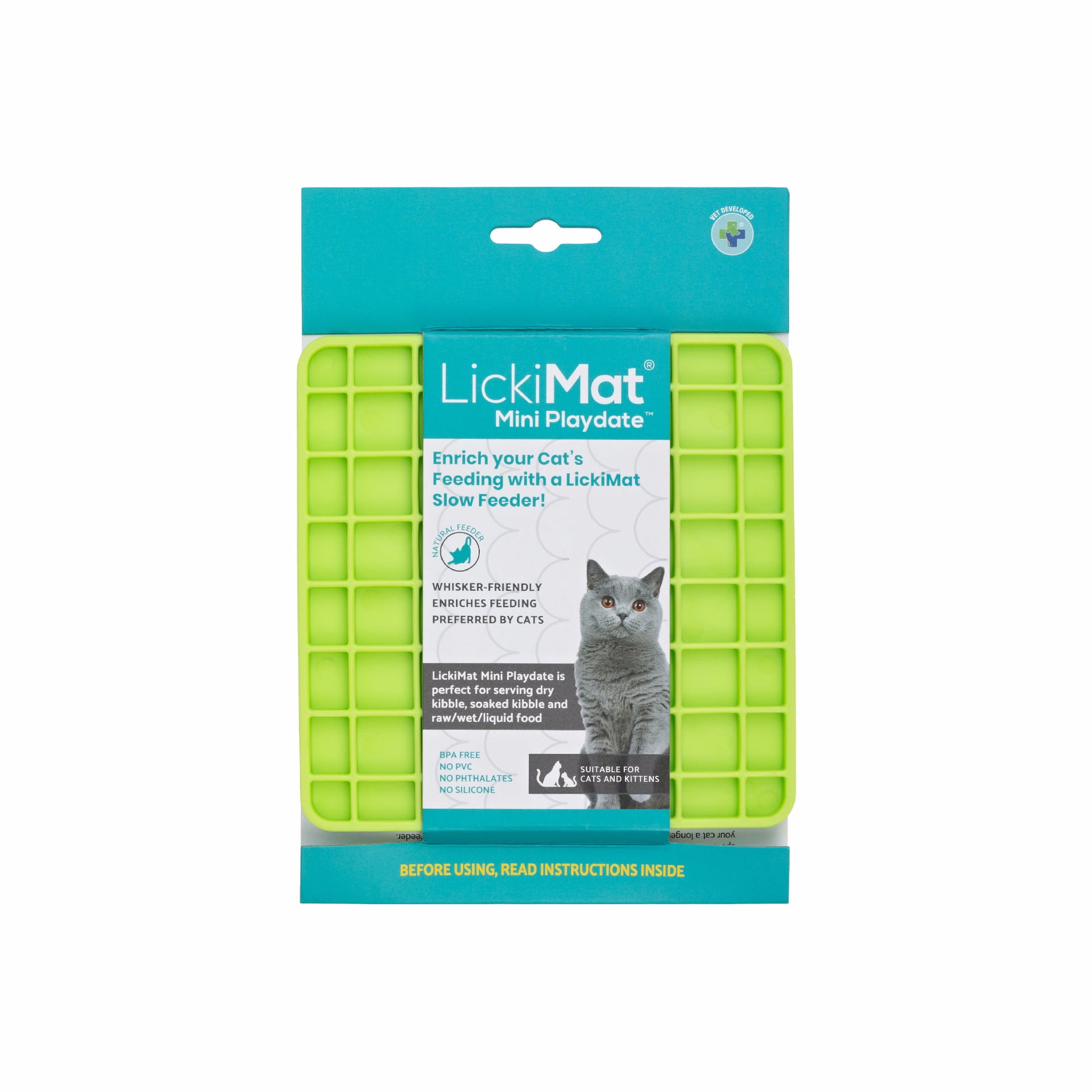 Green LickiMat® Mini Playdate™ – Slow Feeder Lick Mat for Cats (Label) on white background