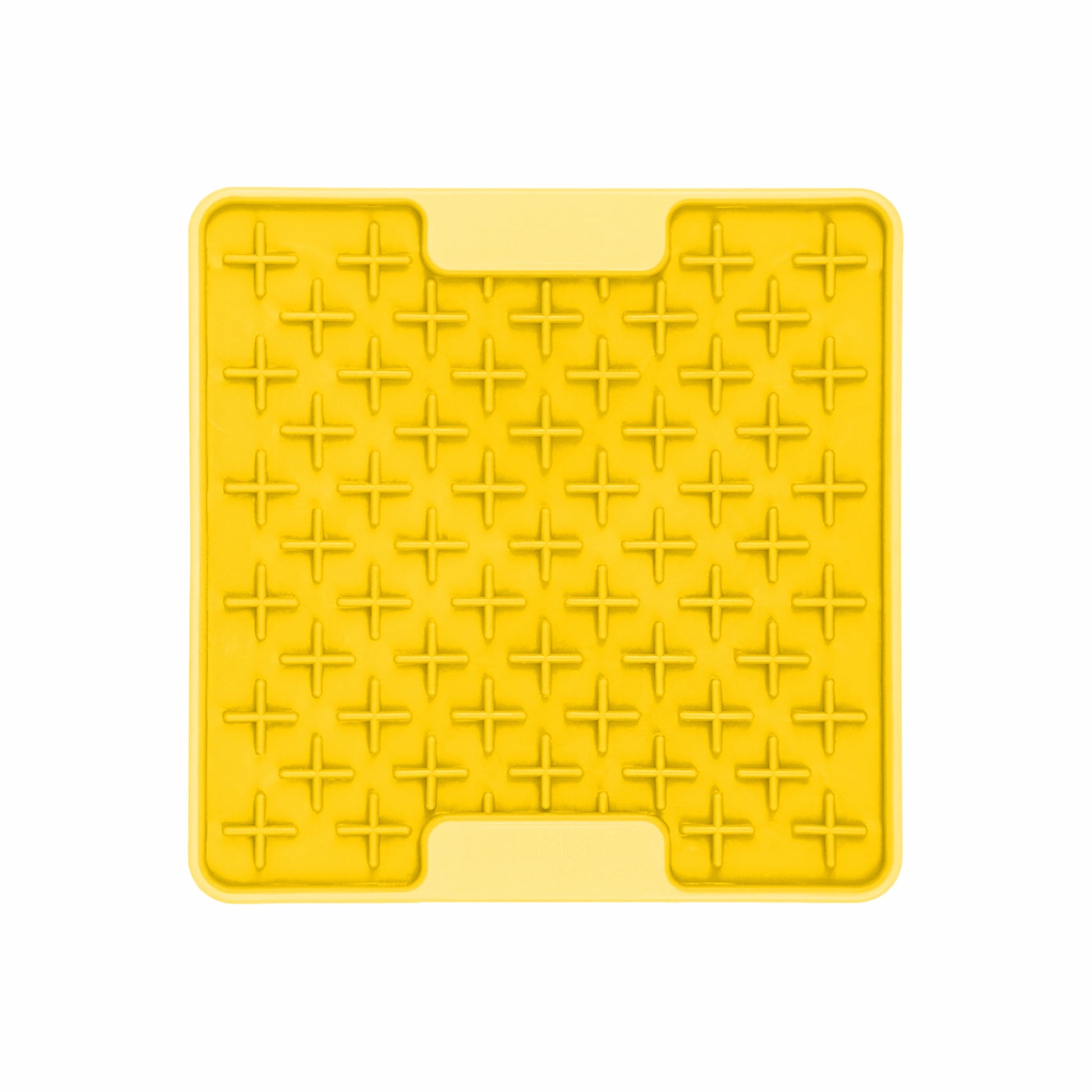 Yellow LickiMat® Mini Tuff Buddy™ – Durable Slow Feeder Lick Mat for Cats (front) on white background