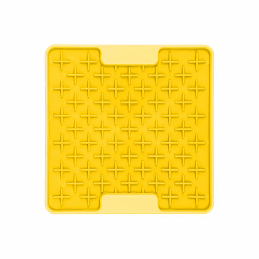 Yellow LickiMat® Mini Tuff Buddy™ – Durable Slow Feeder Lick Mat for Cats (front) on white background