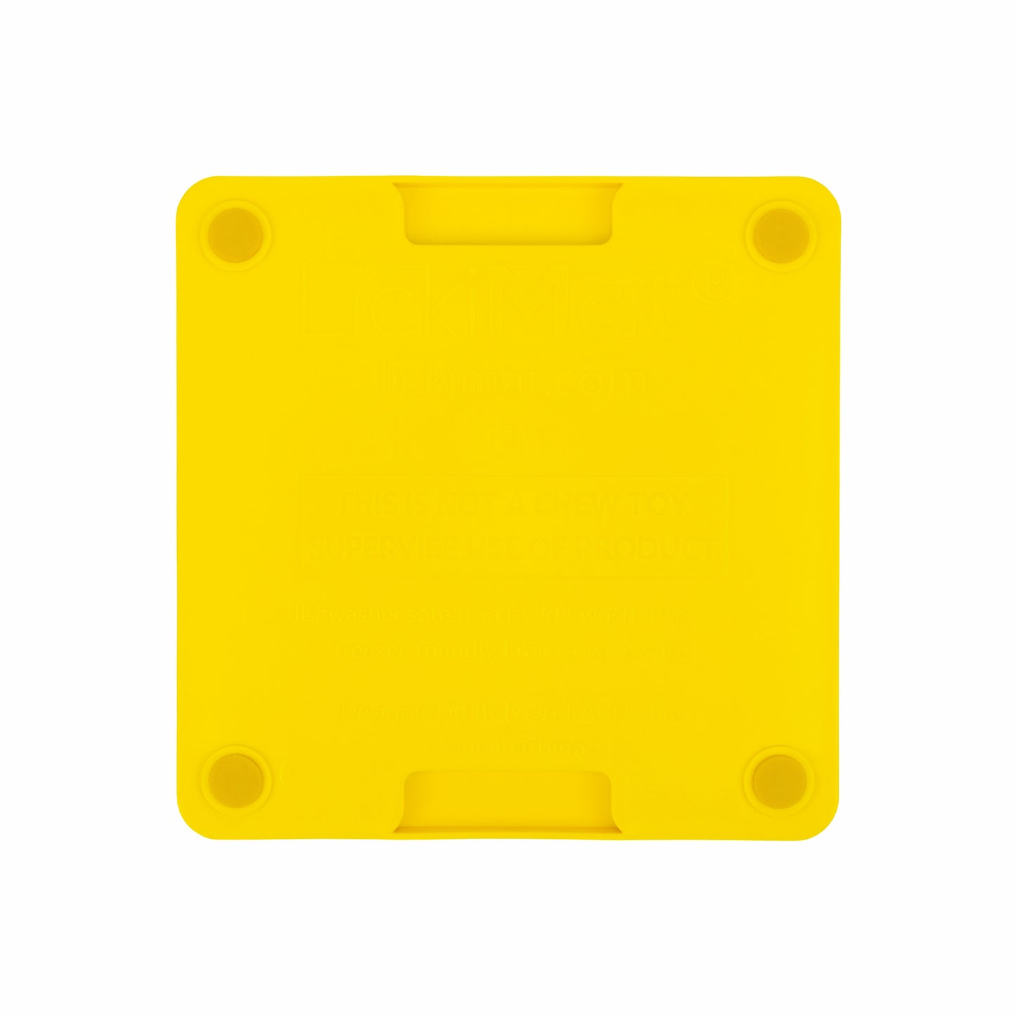 Yellow LickiMat® Mini Tuff Buddy™ – Durable Slow Feeder Lick Mat for Cats (rear) on white background