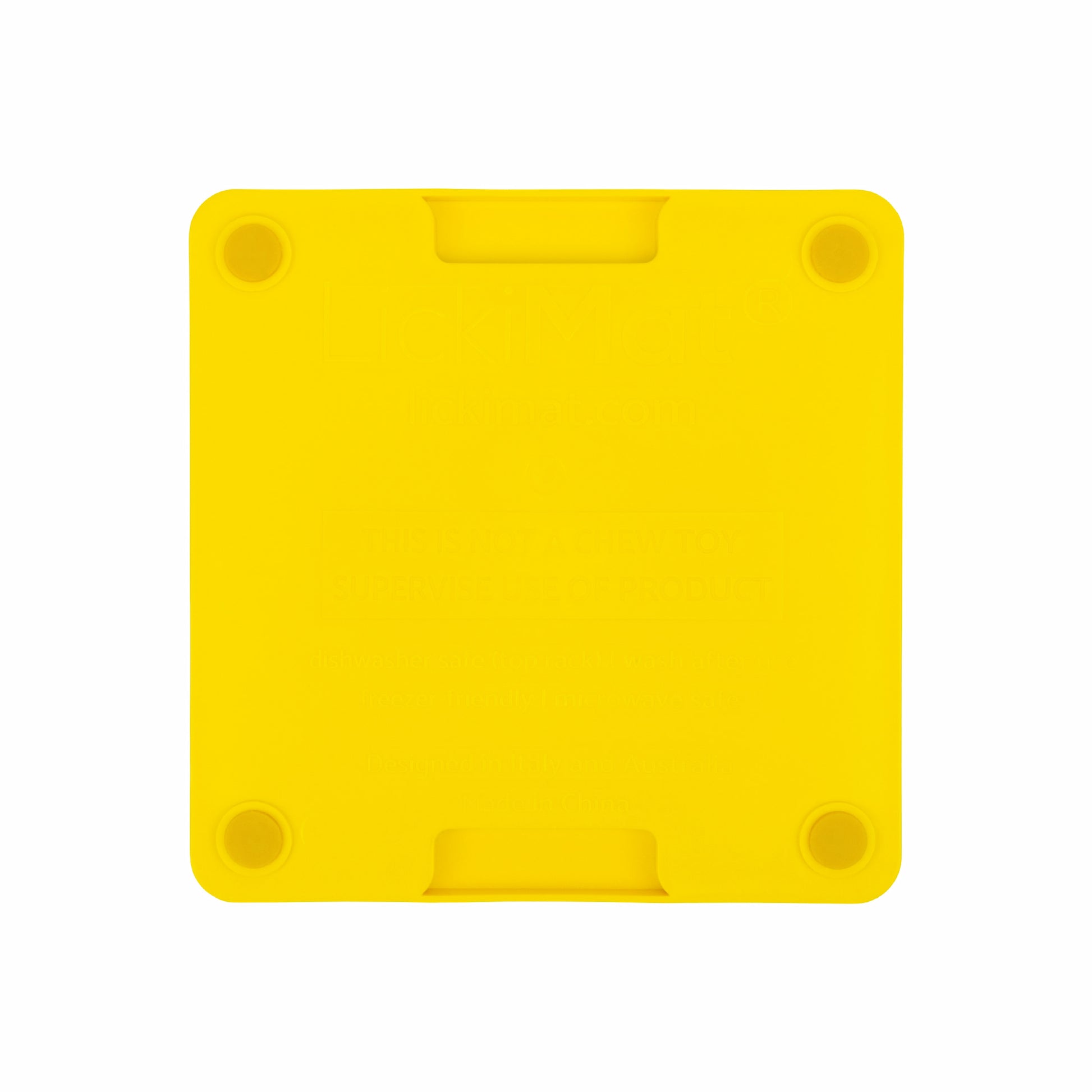 Yellow LickiMat® Mini Tuff Buddy™ – Durable Slow Feeder Lick Mat for Cats (rear) on white background