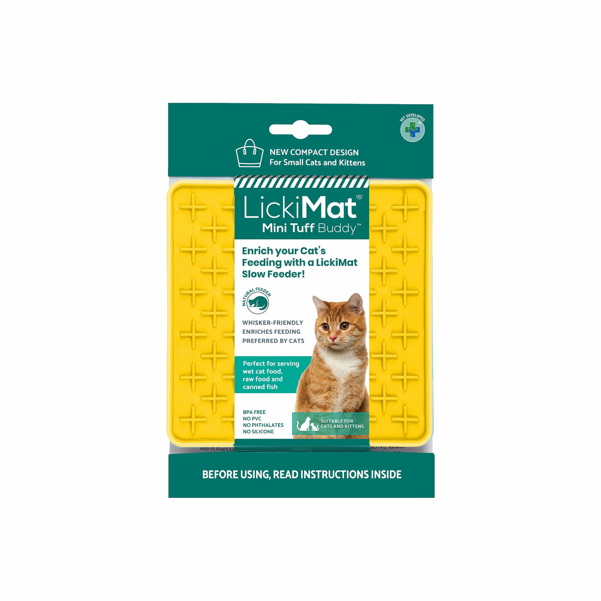 Yellow LickiMat® Mini Tuff Buddy™ – Durable Slow Feeder Lick Mat for Cats (label) on white background